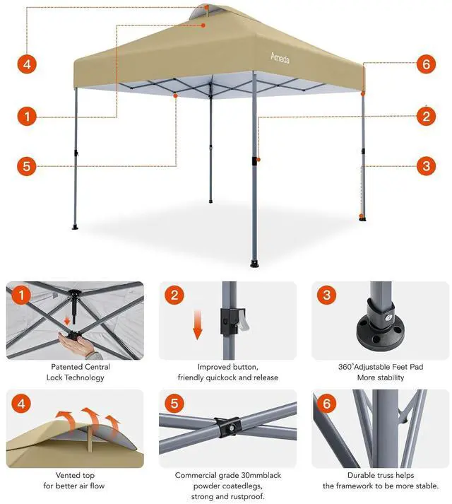 Alt view image 4 of 7 - Amada 10x10 Pop Up Canopy Tent, 1-Button Push Easy-up Outdoor Canopy Beach Tent with 3-Height Adjustable Waterproof Shade Shelter, Wheeled STO-N-Go Bag 8 Stakes, 4 SandBags (10x10ft Khaki)