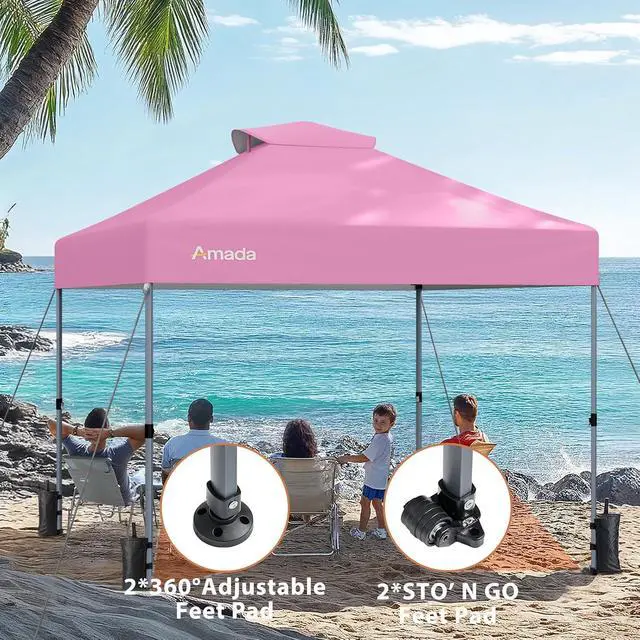 Alt view image 2 of 7 - Amada 10x10 Pop Up Canopy Tent, 1-Button Push Easy-up Outdoor Canopy Beach Tent with 3-Height Adjustable Waterproof Shade Shelter, Wheeled STO-N-Go Bag 8 Stakes, 4 SandBags (Pink)