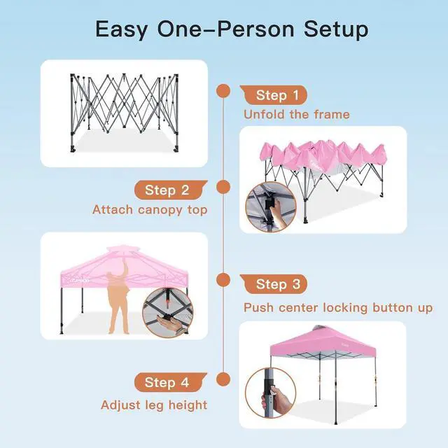 Alt view image 4 of 7 - Amada 10x10 Pop Up Canopy Tent, 1-Button Push Easy-up Outdoor Canopy Beach Tent with 3-Height Adjustable Waterproof Shade Shelter, Wheeled STO-N-Go Bag 8 Stakes, 4 SandBags (Pink)