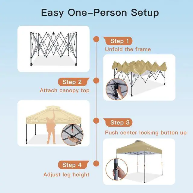 Alt view image 4 of 7 - Amada 10x10 Pop Up Canopy - Center Lock One Push Instant Setup Wheeled Gazebo Outdoor Canopy Beach Tent with STO-N-Go Bag 8 Stakes & 4 Sand Bags, 3-Height Adjustable Shade Shelter (10x10ft, Khaki)