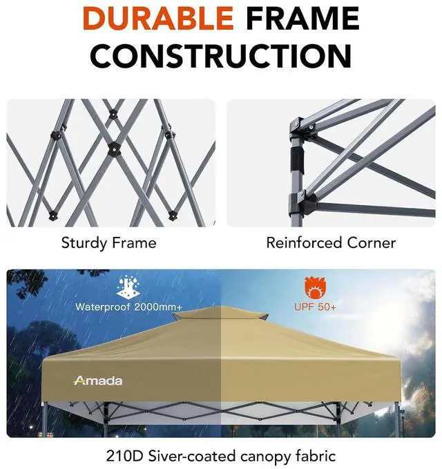 Alt view image 7 of 7 - Amada 10x10 Pop Up Canopy - Center Lock One Push Instant Setup Wheeled Gazebo Outdoor Canopy Beach Tent with STO-N-Go Bag 8 Stakes & 4 Sand Bags, 3-Height Adjustable Shade Shelter (10x10ft, Khaki)