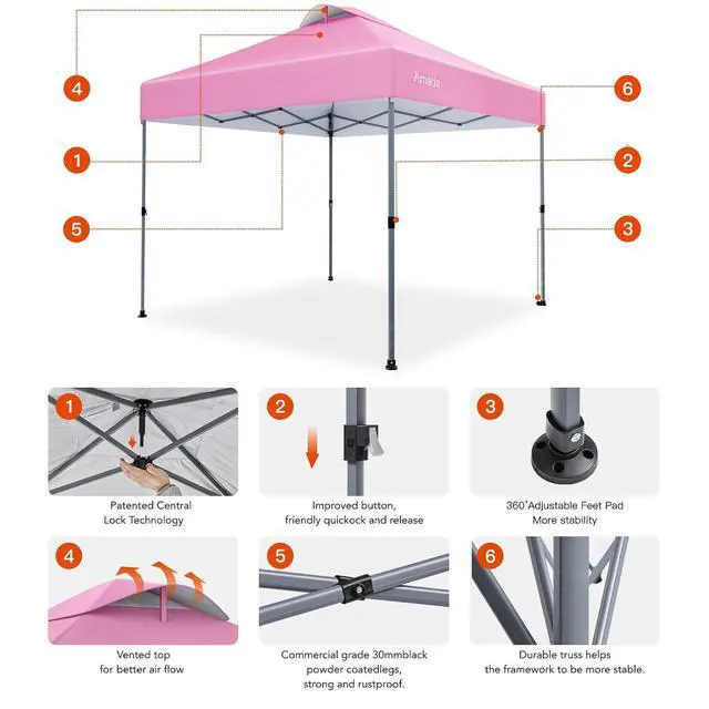 Alt view image 6 of 7 - Amada 10x10 Pop Up Canopy - Center Lock One Push Instant Setup Wheeled Gazebo Outdoor Canopy Beach Tent with STO-N-Go Bag 8 Stakes & 4 Sand Bags, 3-Height Adjustable Shade Shelter (10x10ft, Pink)