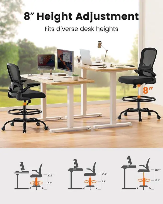 Alt view image 5 of 7 - ErGear Drafting Chair, Standing Desk Chair with Flip-Up Armrests, High Desk Chair Adjustable Height, Ergonomic Tall Office Chair with Lumbar Support and Adjustable Footrest Ring