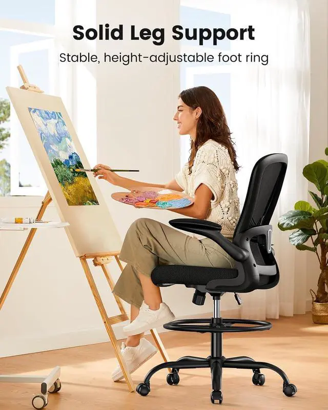 Alt view image 6 of 7 - ErGear Drafting Chair, Standing Desk Chair with Flip-Up Armrests, High Desk Chair Adjustable Height, Ergonomic Tall Office Chair with Lumbar Support and Adjustable Footrest Ring
