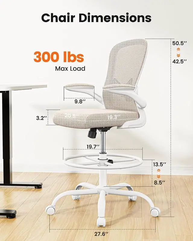 Alt view image 2 of 7 - ErGear Drafting Chair,Tall Office Chair with Flip-Up Armrests, High Desk Chair Adjustable Height and Adjustable Footrest Ring, Ergonomic Standing Desk Chair with Lumbar Support, Khaki,20 Pack