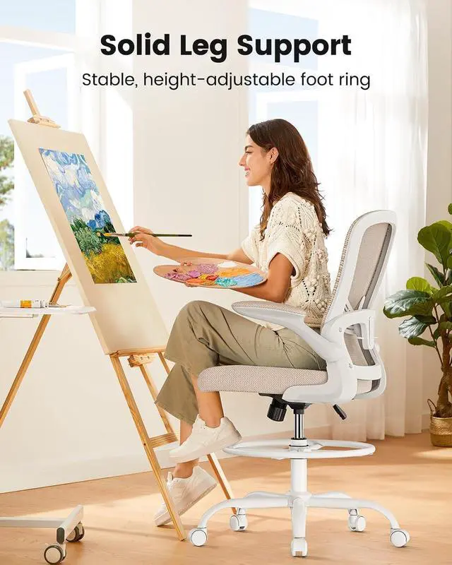 Alt view image 5 of 7 - ErGear Drafting Chair,Tall Office Chair with Flip-Up Armrests, High Desk Chair Adjustable Height and Adjustable Footrest Ring, Ergonomic Standing Desk Chair with Lumbar Support, Khaki,20 Pack