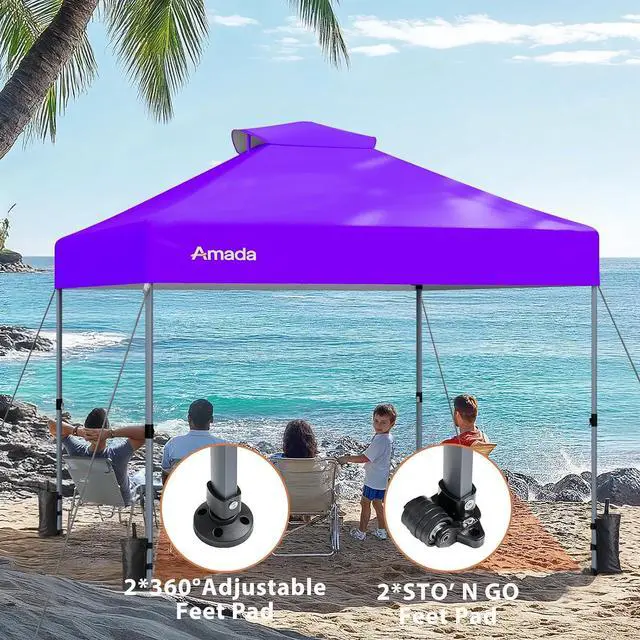 Alt view image 2 of 7 - Amada 10x10 Pop Up Canopy - Center Lock One Push Instant Setup Wheeled Gazebo Outdoor Canopy Beach Tent with STO-N-Go Bag 8 Stakes & 4 Sand Bags, 3-Height Adjustable Shade Shelter (10x10ft, Purple)