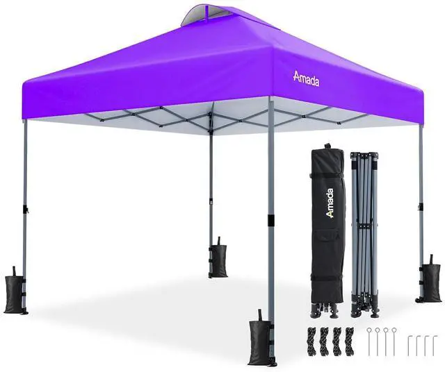 Main image of Amada 10x10 Pop Up Canopy - Center Lock One Push Instant Setup Wheeled Gazebo Outdoor Canopy Beach Tent with STO-N-Go Bag 8 Stakes & 4 Sand Bags, 3-Height Adjustable Shade Shelter (10x10ft, Purple)