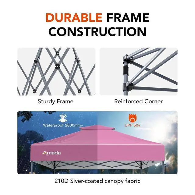 Alt view image 7 of 7 - Amada 10x10 Pop Up Canopy - Center Lock One Push Instant Setup Wheeled Gazebo Outdoor Canopy Beach Tent with STO-N-Go Bag 8 Stakes & 4 Sand Bags, 3-Height Adjustable Shade Shelter (10x10ft, Pink)
