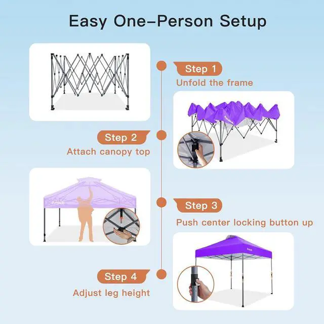 Alt view image 4 of 7 - Amada 10x10 Pop Up Canopy - Center Lock One Push Instant Setup Wheeled Gazebo Outdoor Canopy Beach Tent with STO-N-Go Bag 8 Stakes & 4 Sand Bags, 3-Height Adjustable Shade Shelter (10x10ft, Purple)
