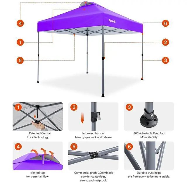 Alt view image 6 of 7 - Amada 10x10 Pop Up Canopy - Center Lock One Push Instant Setup Wheeled Gazebo Outdoor Canopy Beach Tent with STO-N-Go Bag 8 Stakes & 4 Sand Bags, 3-Height Adjustable Shade Shelter (10x10ft, Purple)