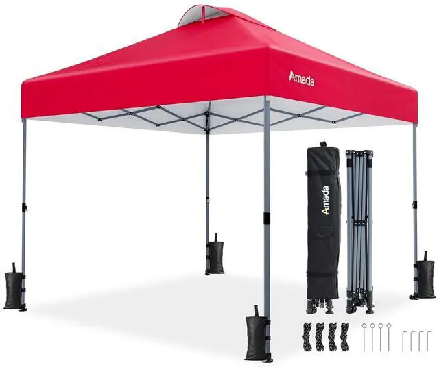 Main image of Amada 10x10 Pop Up Canopy - Center Lock One Push Instant Setup Wheeled Gazebo Outdoor Canopy Beach Tent with STO-N-Go Bag 8 Stakes & 4 Sand Bags, 3-Height Adjustable Shade Shelter (10x10ft, Red)