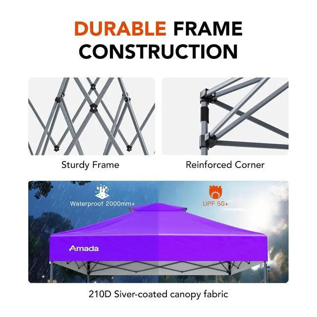 Alt view image 7 of 7 - Amada 10x10 Pop Up Canopy - Center Lock One Push Instant Setup Wheeled Gazebo Outdoor Canopy Beach Tent with STO-N-Go Bag 8 Stakes & 4 Sand Bags, 3-Height Adjustable Shade Shelter (10x10ft, Purple)