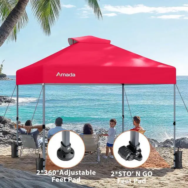 Alt view image 2 of 7 - Amada 10x10 Pop Up Canopy - Center Lock One Push Instant Setup Wheeled Gazebo Outdoor Canopy Beach Tent with STO-N-Go Bag 8 Stakes & 4 Sand Bags, 3-Height Adjustable Shade Shelter (10x10ft, Red)