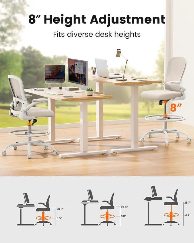 Alt view image 7 of 7 - ErGear Drafting Chair,Tall Office Chair with Flip-Up Armrests, High Desk Chair Adjustable Height and Adjustable Footrest Ring, Ergonomic Standing Desk Chair with Lumbar Support, Khaki,20 Pack