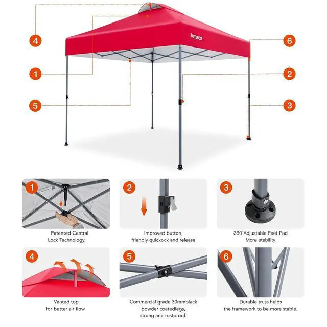Alt view image 6 of 7 - Amada 10x10 Pop Up Canopy - Center Lock One Push Instant Setup Wheeled Gazebo Outdoor Canopy Beach Tent with STO-N-Go Bag 8 Stakes & 4 Sand Bags, 3-Height Adjustable Shade Shelter (10x10ft, Red)