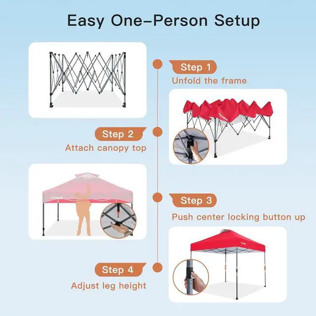 Alt view image 4 of 7 - Amada 10x10 Pop Up Canopy - Center Lock One Push Instant Setup Wheeled Gazebo Outdoor Canopy Beach Tent with STO-N-Go Bag 8 Stakes & 4 Sand Bags, 3-Height Adjustable Shade Shelter (10x10ft, Red)