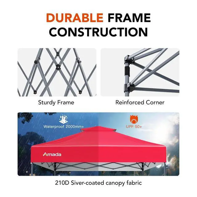 Alt view image 7 of 7 - Amada 10x10 Pop Up Canopy - Center Lock One Push Instant Setup Wheeled Gazebo Outdoor Canopy Beach Tent with STO-N-Go Bag 8 Stakes & 4 Sand Bags, 3-Height Adjustable Shade Shelter (10x10ft, Red)