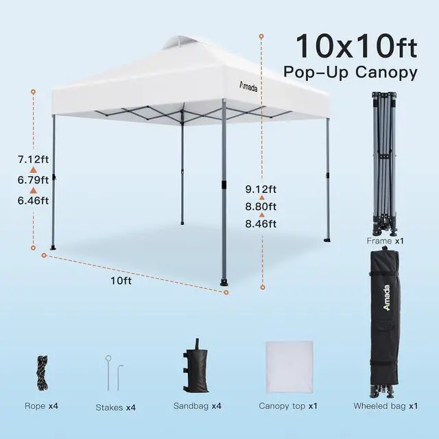 Alt view image 5 of 7 - Amada 10x10 Pop Up Canopy - Center Lock One Push Instant Setup Wheeled Gazebo Outdoor Canopy Beach Tent with STO-N-Go Bag 8 Stakes & 4 Sand Bags, 3-Height Adjustable Shade Shelter (10x10ft, White)