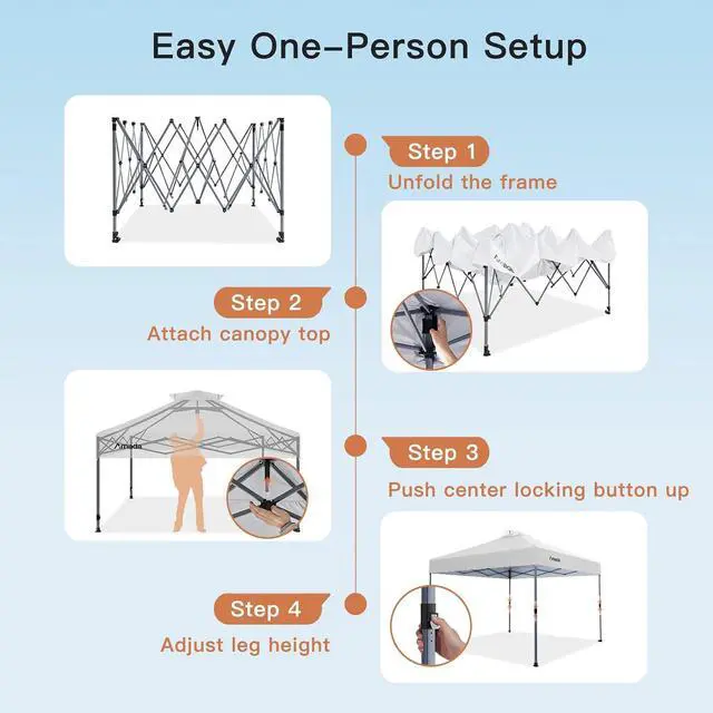 Alt view image 4 of 7 - Amada 10x10 Pop Up Canopy - Center Lock One Push Instant Setup Wheeled Gazebo Outdoor Canopy Beach Tent with STO-N-Go Bag 8 Stakes & 4 Sand Bags, 3-Height Adjustable Shade Shelter (10x10ft, White)