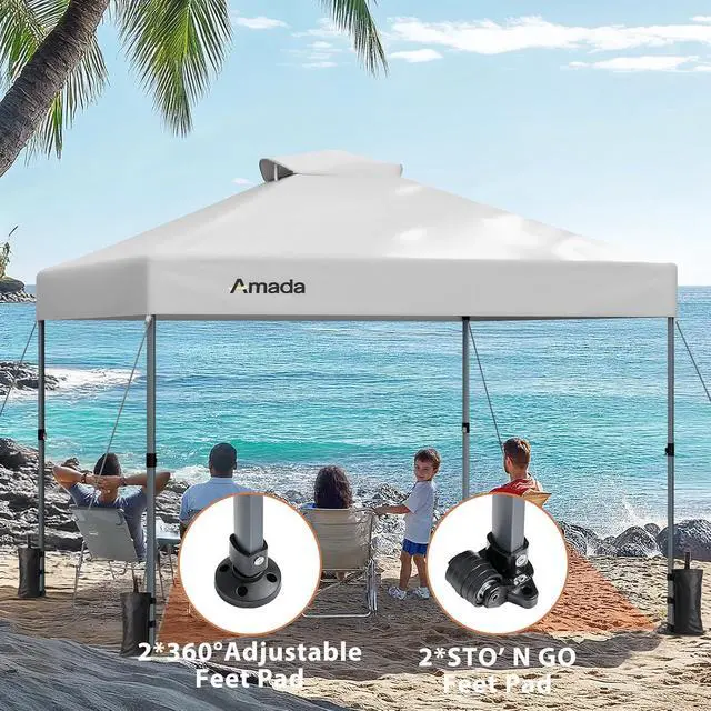 Alt view image 2 of 7 - Amada 10x10 Pop Up Canopy - Center Lock One Push Instant Setup Wheeled Gazebo Outdoor Canopy Beach Tent with STO-N-Go Bag 8 Stakes & 4 Sand Bags, 3-Height Adjustable Shade Shelter (10x10ft, White)