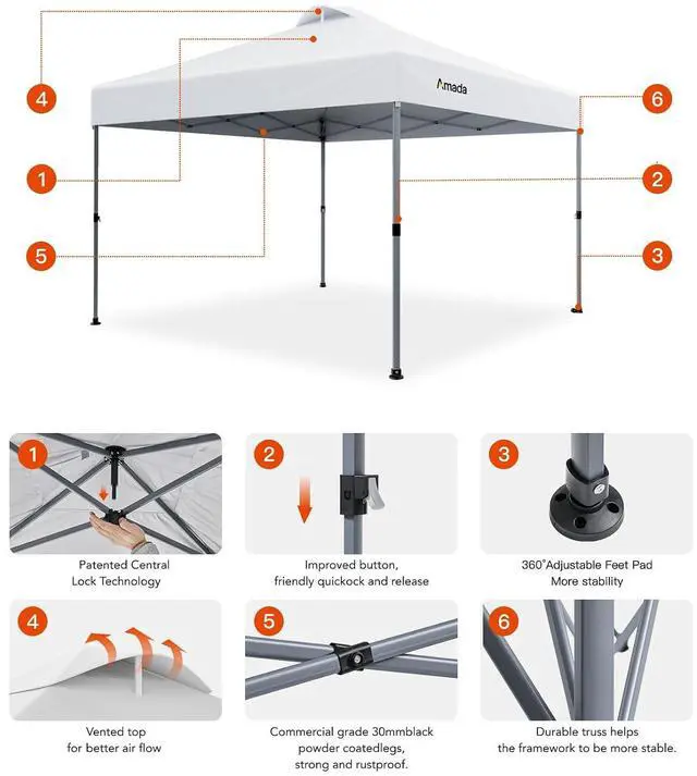 Alt view image 6 of 7 - Amada 10x10 Pop Up Canopy - Center Lock One Push Instant Setup Wheeled Gazebo Outdoor Canopy Beach Tent with STO-N-Go Bag 8 Stakes & 4 Sand Bags, 3-Height Adjustable Shade Shelter (10x10ft, White)