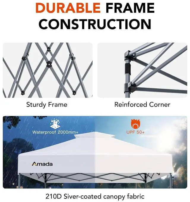 Alt view image 7 of 7 - Amada 10x10 Pop Up Canopy - Center Lock One Push Instant Setup Wheeled Gazebo Outdoor Canopy Beach Tent with STO-N-Go Bag 8 Stakes & 4 Sand Bags, 3-Height Adjustable Shade Shelter (10x10ft, White)