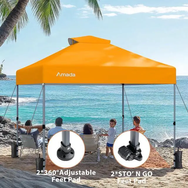 Alt view image 2 of 7 - Amada 10x10 Pop Up Canopy Tent, 1-Button Push Easy-up Outdoor Canopy Beach Tent with 3-Height Adjustable Waterproof Shade Shelter, Wheeled STO-N-Go Bag 8 Stakes, 4 SandBags (Orange)