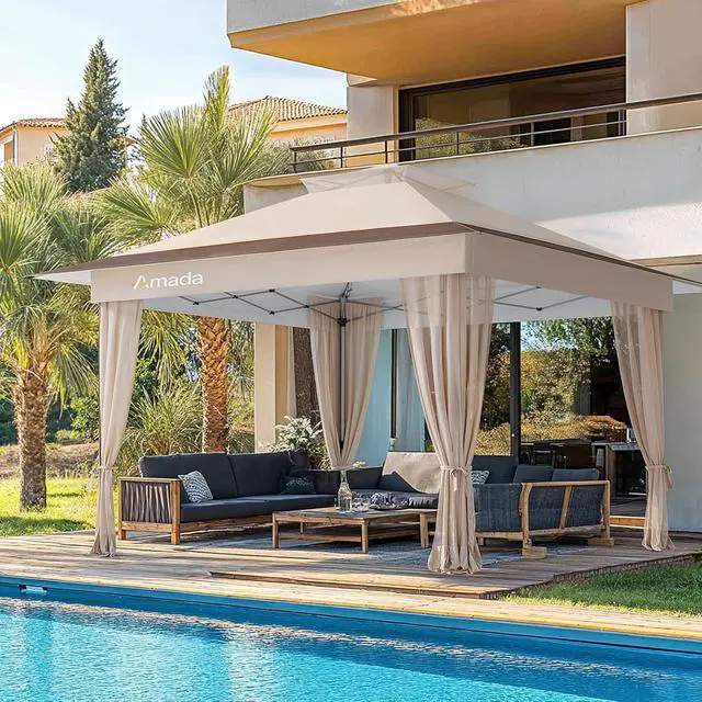 Alt view image 2 of 7 - Amada 13x13 Pop Up Gazebo for Backyard & Patio Furniture,Gazebos on Clearance with Wheeled STO-N-Go Cover Bag,Carpa Pop Up Tent Party Tent and Shelter with Mosquito Netting for Lawn,Garden,Deck,Khaki