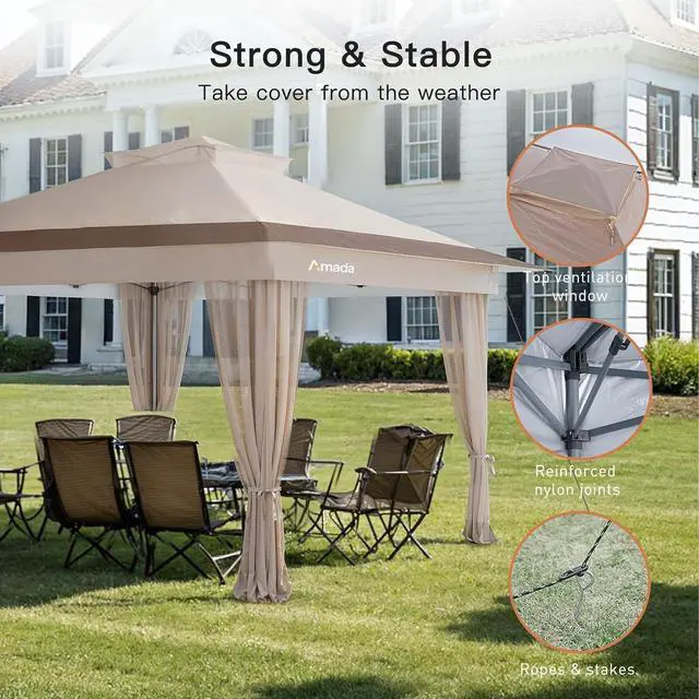 Alt view image 3 of 7 - Amada 13x13 Pop Up Gazebo for Backyard & Patio Furniture,Gazebos on Clearance with Wheeled STO-N-Go Cover Bag,Carpa Pop Up Tent Party Tent and Shelter with Mosquito Netting for Lawn,Garden,Deck,Khaki