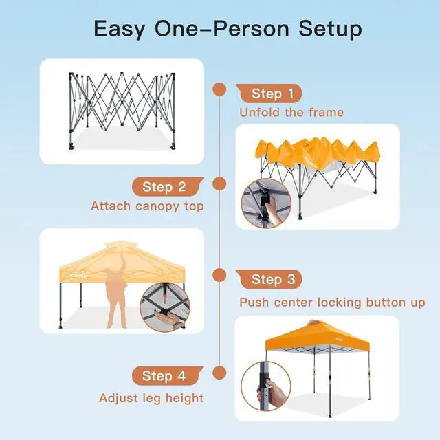 Alt view image 4 of 7 - Amada 10x10 Pop Up Canopy - Center Lock One Push Instant Setup Wheeled Gazebo Outdoor Canopy Beach Tent with STO-N-Go Bag 8 Stakes & 4 Sand Bags, 3-Height Adjustable Shade Shelter (10x10ft, Orange)