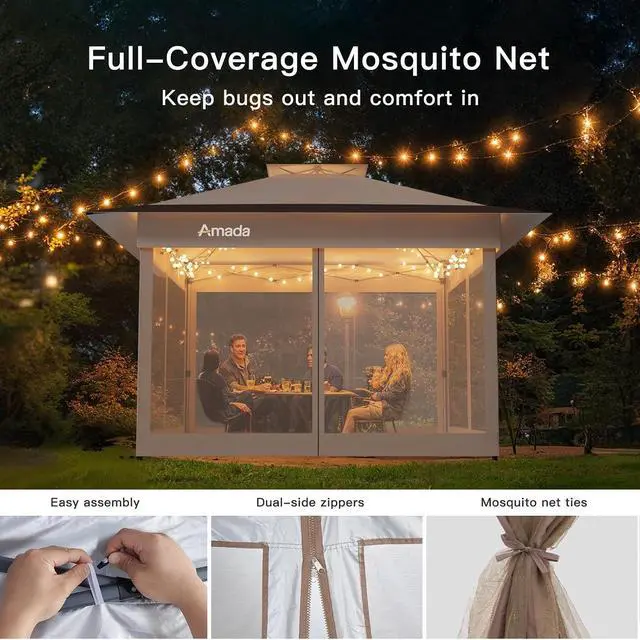 Alt view image 5 of 7 - Amada 13x13 Pop Up Gazebo for Backyard & Patio Furniture,Gazebos on Clearance with Wheeled STO-N-Go Cover Bag,Carpa Pop Up Tent Party Tent and Shelter with Mosquito Netting for Lawn,Garden,Deck,Khaki