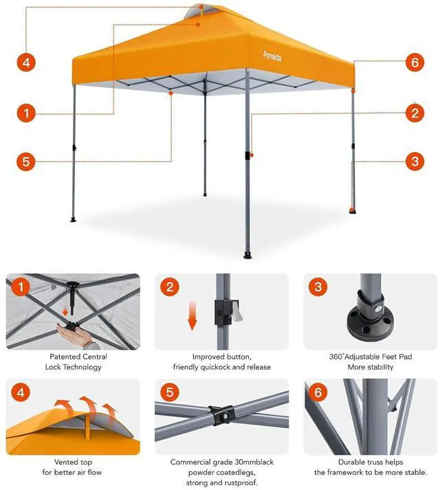Alt view image 6 of 7 - Amada 10x10 Pop Up Canopy - Center Lock One Push Instant Setup Wheeled Gazebo Outdoor Canopy Beach Tent with STO-N-Go Bag 8 Stakes & 4 Sand Bags, 3-Height Adjustable Shade Shelter (10x10ft, Orange)