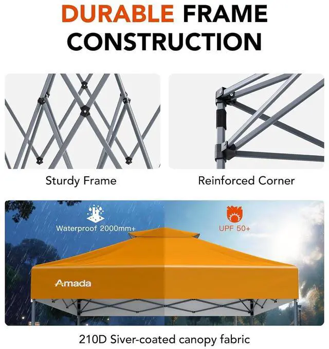 Alt view image 7 of 7 - Amada 10x10 Pop Up Canopy - Center Lock One Push Instant Setup Wheeled Gazebo Outdoor Canopy Beach Tent with STO-N-Go Bag 8 Stakes & 4 Sand Bags, 3-Height Adjustable Shade Shelter (10x10ft, Orange)