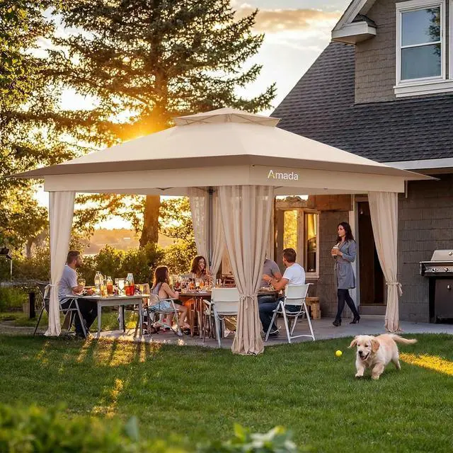 Alt view image 4 of 7 - Amada 13x13 Pop Up Gazebo for Backyard & Patio Furniture,Gazebos on Clearance with Wheeled STO-N-Go Cover Bag,Carpa Pop Up Tent Party Tent and Shelter with Mosquito Netting for Lawn,Garden,Deck,Khaki