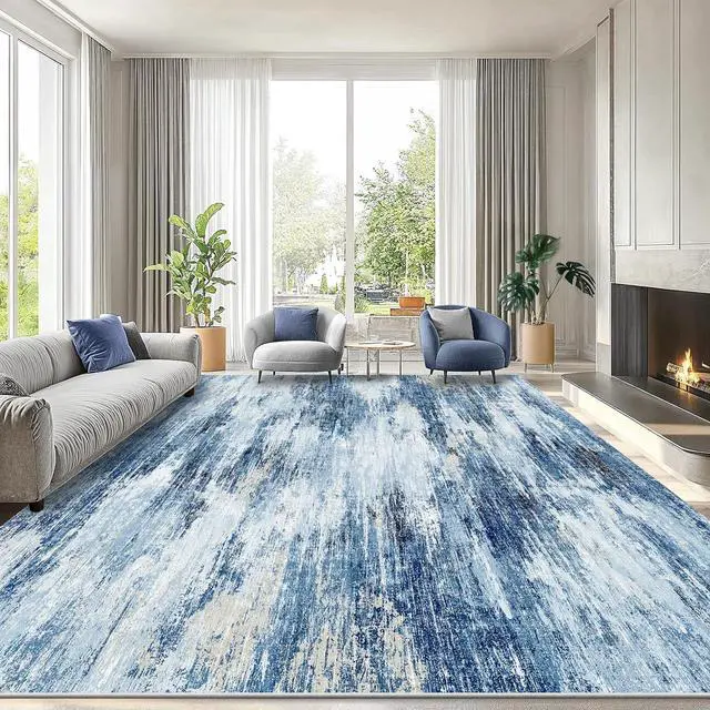 Alt view image 2 of 7 - AMADA HOMEFURNISHING 8x10 Area Rug for Living Room, Modern Abstract Rug with Non-Slip Backing & Low Pile, Large Washable Rug with Abstract Pattern for Bedroom, Dinning Room, Home Office,Blue