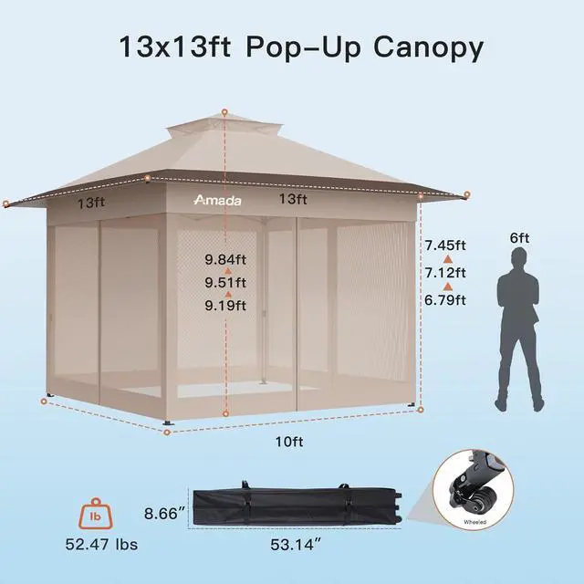 Alt view image 7 of 7 - Amada 13x13 Pop Up Gazebo for Backyard & Patio Furniture,Gazebos on Clearance with Wheeled STO-N-Go Cover Bag,Carpa Pop Up Tent Party Tent and Shelter with Mosquito Netting for Lawn,Garden,Deck,Khaki