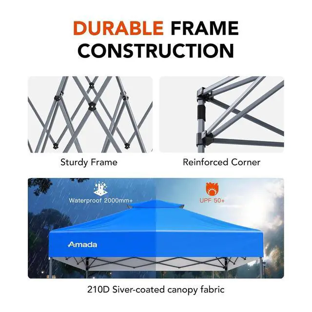 Alt view image 7 of 7 - Amada 10x10 Pop Up Canopy - Center Lock One Push Instant Setup Wheeled Gazebo Outdoor Canopy Beach Tent with STO-N-Go Bag 8 Stakes & 4 Sand Bags, 3-Height Adjustable Shade Shelter (10x10ft, Blue)