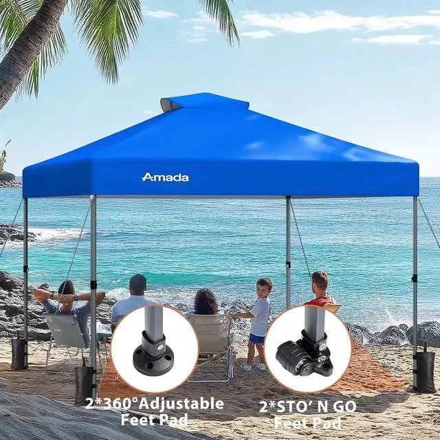 Alt view image 2 of 7 - Amada 10x10 Pop Up Canopy - Center Lock One Push Instant Setup Wheeled Gazebo Outdoor Canopy Beach Tent with STO-N-Go Bag 8 Stakes & 4 Sand Bags, 3-Height Adjustable Shade Shelter (10x10ft, Blue)