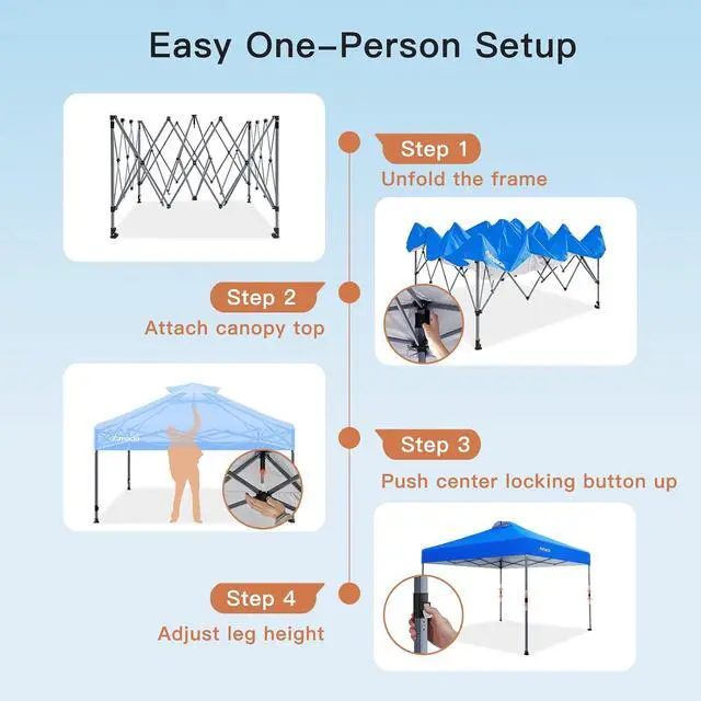 Alt view image 4 of 7 - Amada 10x10 Pop Up Canopy - Center Lock One Push Instant Setup Wheeled Gazebo Outdoor Canopy Beach Tent with STO-N-Go Bag 8 Stakes & 4 Sand Bags, 3-Height Adjustable Shade Shelter (10x10ft, Blue)