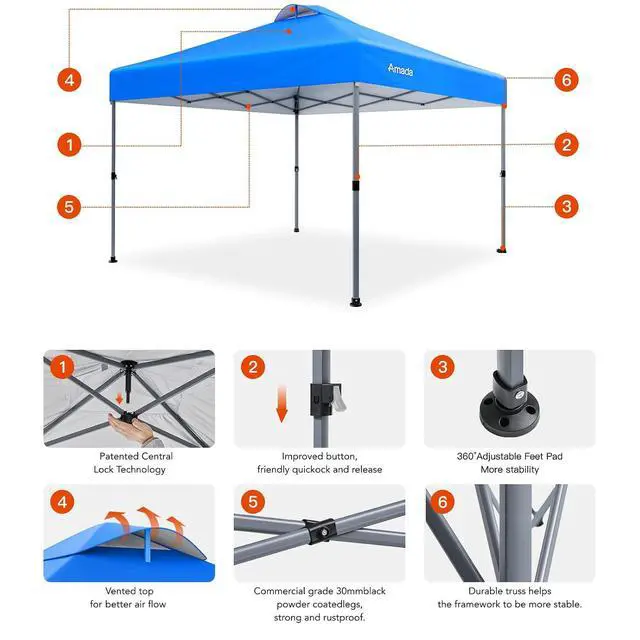 Alt view image 6 of 7 - Amada 10x10 Pop Up Canopy - Center Lock One Push Instant Setup Wheeled Gazebo Outdoor Canopy Beach Tent with STO-N-Go Bag 8 Stakes & 4 Sand Bags, 3-Height Adjustable Shade Shelter (10x10ft, Blue)