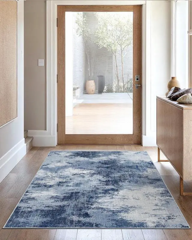 Alt view image 2 of 7 - 3x5 Area Rug for Bedroom, Modern Abstract Washable Rug with Non-Slip Backing & Low Pile Indoor Carpet for Living Room Dorm Bedside Entryway Office, Dark Blue