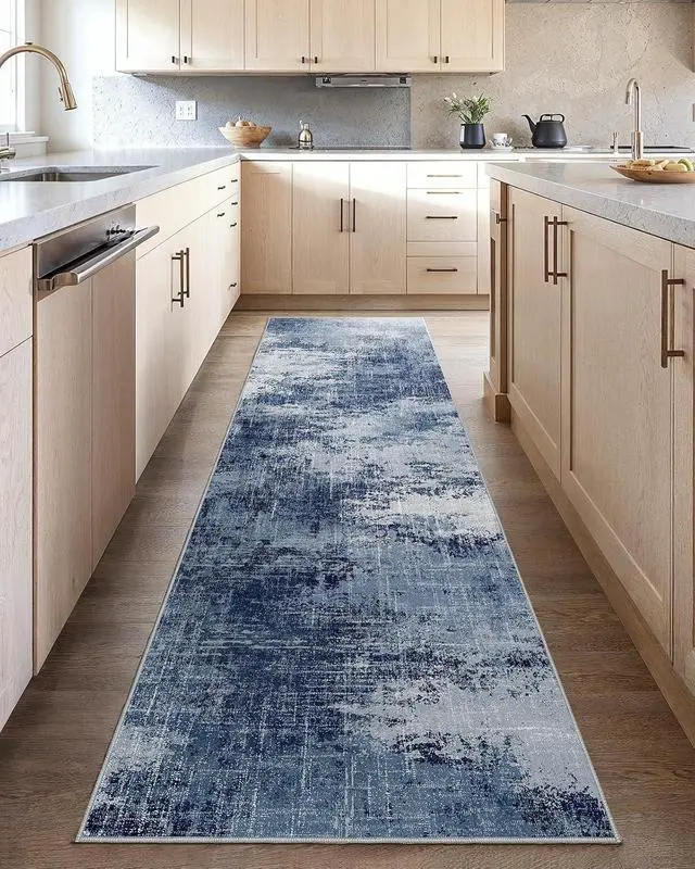 Alt view image 2 of 7 - Runner Rugs for Hallway 2'6"x8', Modern Abstract Machine Washable Runners for Kitchen Entryway Bathroom Bedroom, Low Pile Lightweight Thin Non Slip Runner Rug, Dark Blue