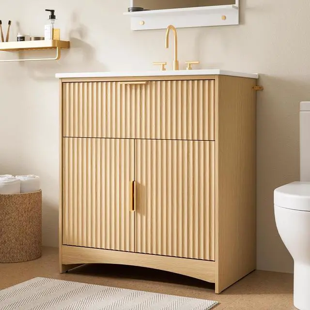 Main image of Amada 30'' Bathroom Vanity with Ceramic Sink, Modern Undermount Vanity Sink Cabinet with 2 Doors and 1 Drawer, Fluted Free Standing Bathroom Storage Cabinet with Sink Combo Set, Natural Oak
