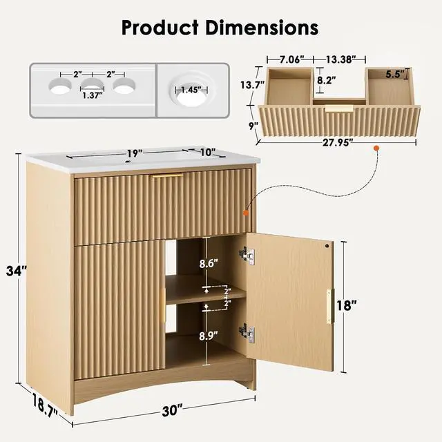 Alt view image 2 of 7 - Amada 30'' Bathroom Vanity with Ceramic Sink, Modern Undermount Vanity Sink Cabinet with 2 Doors and 1 Drawer, Fluted Free Standing Bathroom Storage Cabinet with Sink Combo Set, Natural Oak