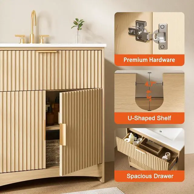 Alt view image 3 of 7 - Amada 30'' Bathroom Vanity with Ceramic Sink, Modern Undermount Vanity Sink Cabinet with 2 Doors and 1 Drawer, Fluted Free Standing Bathroom Storage Cabinet with Sink Combo Set, Natural Oak