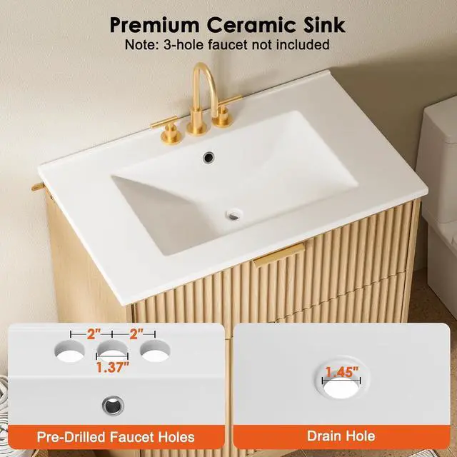 Alt view image 6 of 7 - Amada 30'' Bathroom Vanity with Ceramic Sink, Modern Undermount Vanity Sink Cabinet with 2 Doors and 1 Drawer, Fluted Free Standing Bathroom Storage Cabinet with Sink Combo Set, Natural Oak