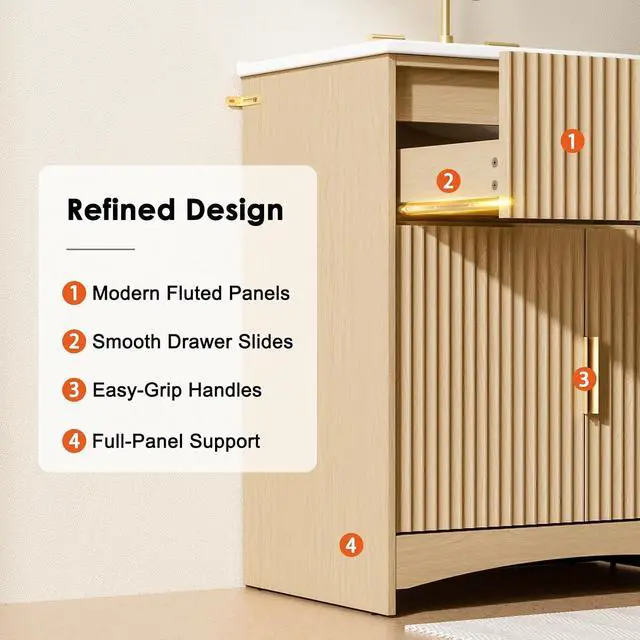 Alt view image 7 of 7 - Amada 30'' Bathroom Vanity with Ceramic Sink, Modern Undermount Vanity Sink Cabinet with 2 Doors and 1 Drawer, Fluted Free Standing Bathroom Storage Cabinet with Sink Combo Set, Natural Oak