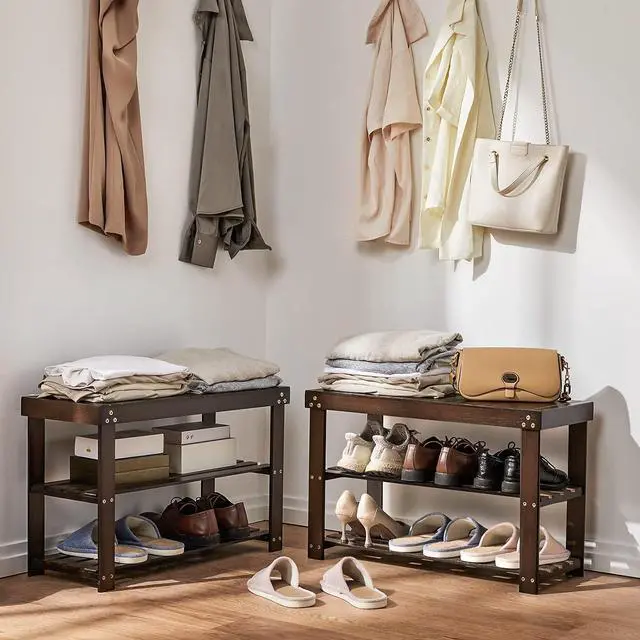 Alt view image 2 of 7 - Pipishell Bamboo Shoe Rack Bench, 3 Tier Sturdy Shoe Bench, Storage Shoe Organizer, Holds up to 300lbs for Entryway Bedroom Living Room Balcony, Brown