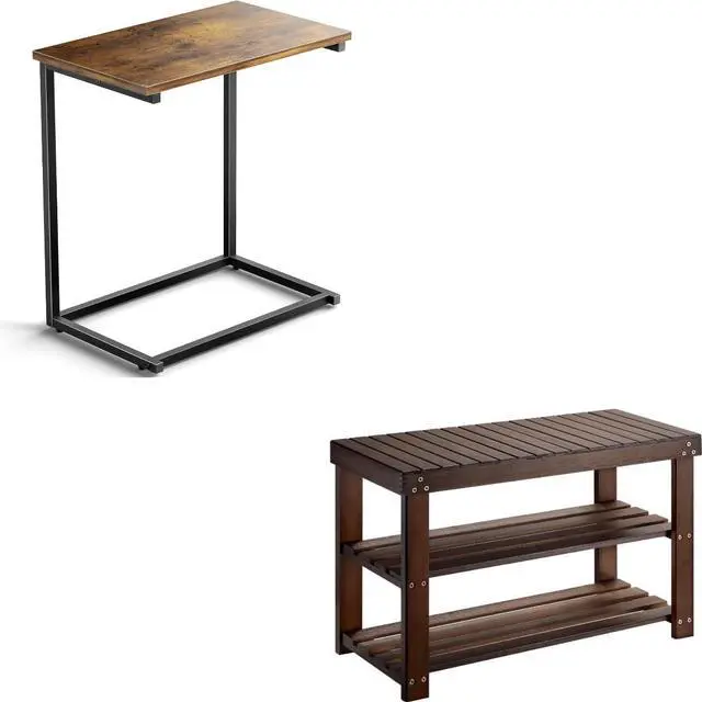 Main image of Pipishell Bamboo Shoe Rack Bench + C-Shaped End Table Bundle, 3-Tier Entryway Organizer & Sofa Side Table for Bedroom, Living Room & Small Spaces